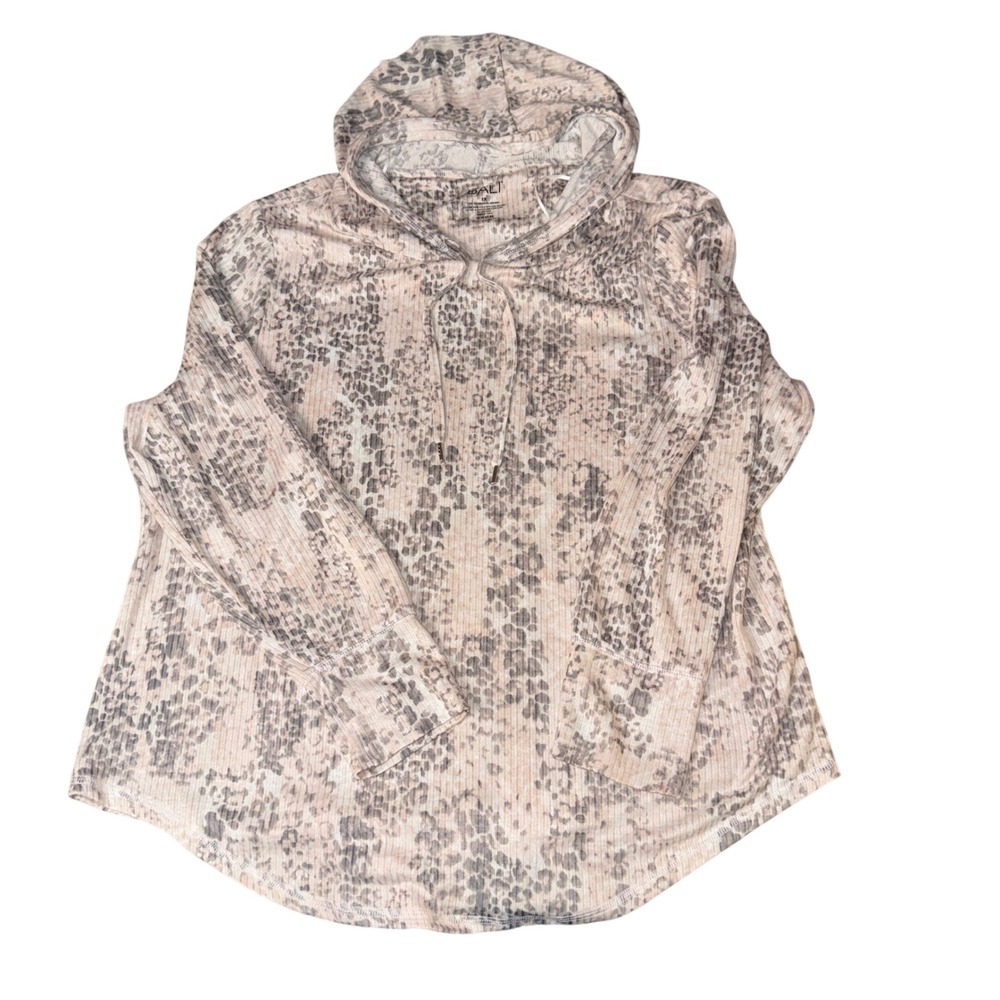 BALI 1X Women's Long Sleeve Hooded‎ Pullover Top Pink Gray Animal Print